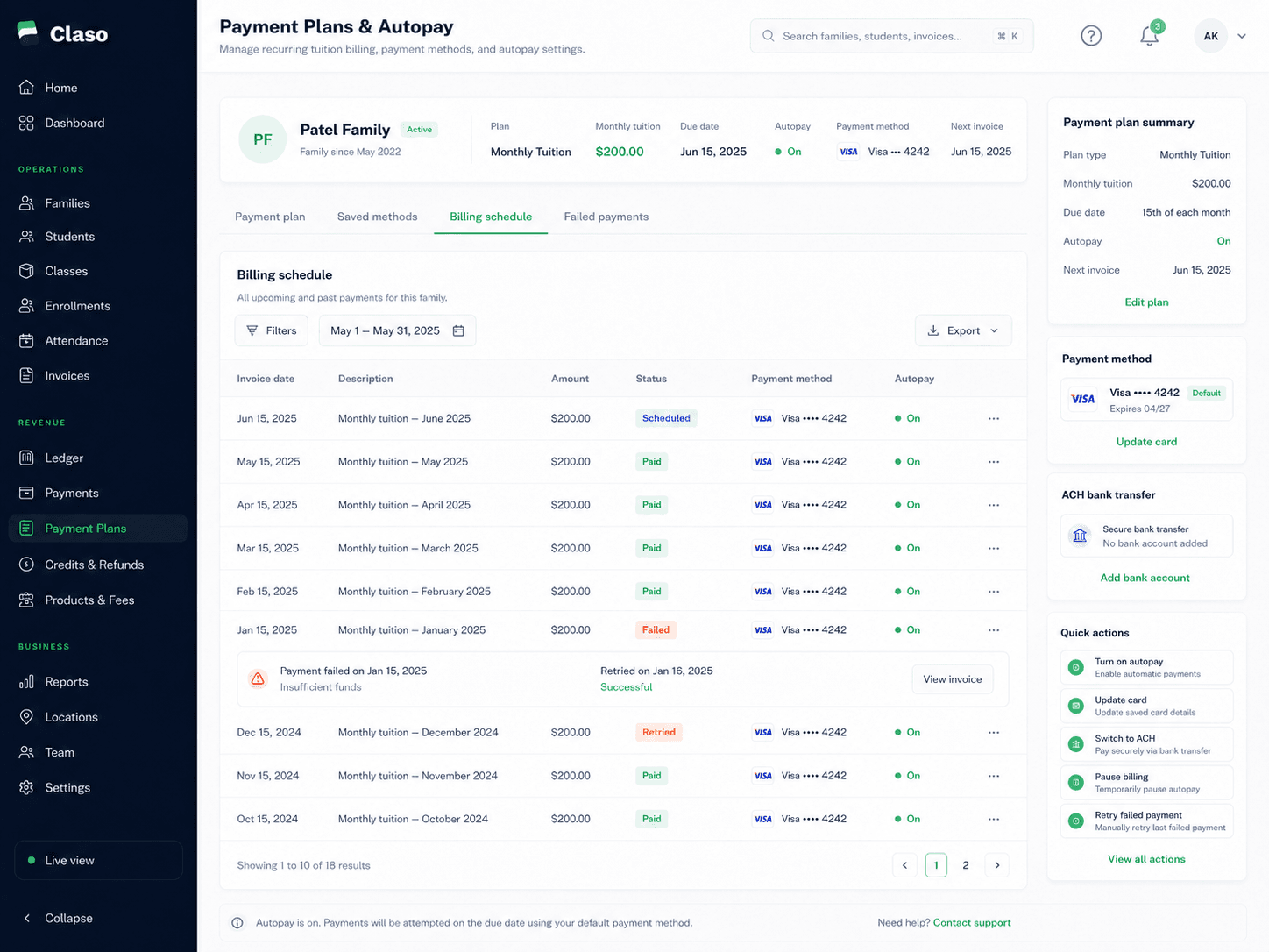 Claso autopay workspace for recurring tuition and failed payment follow-up