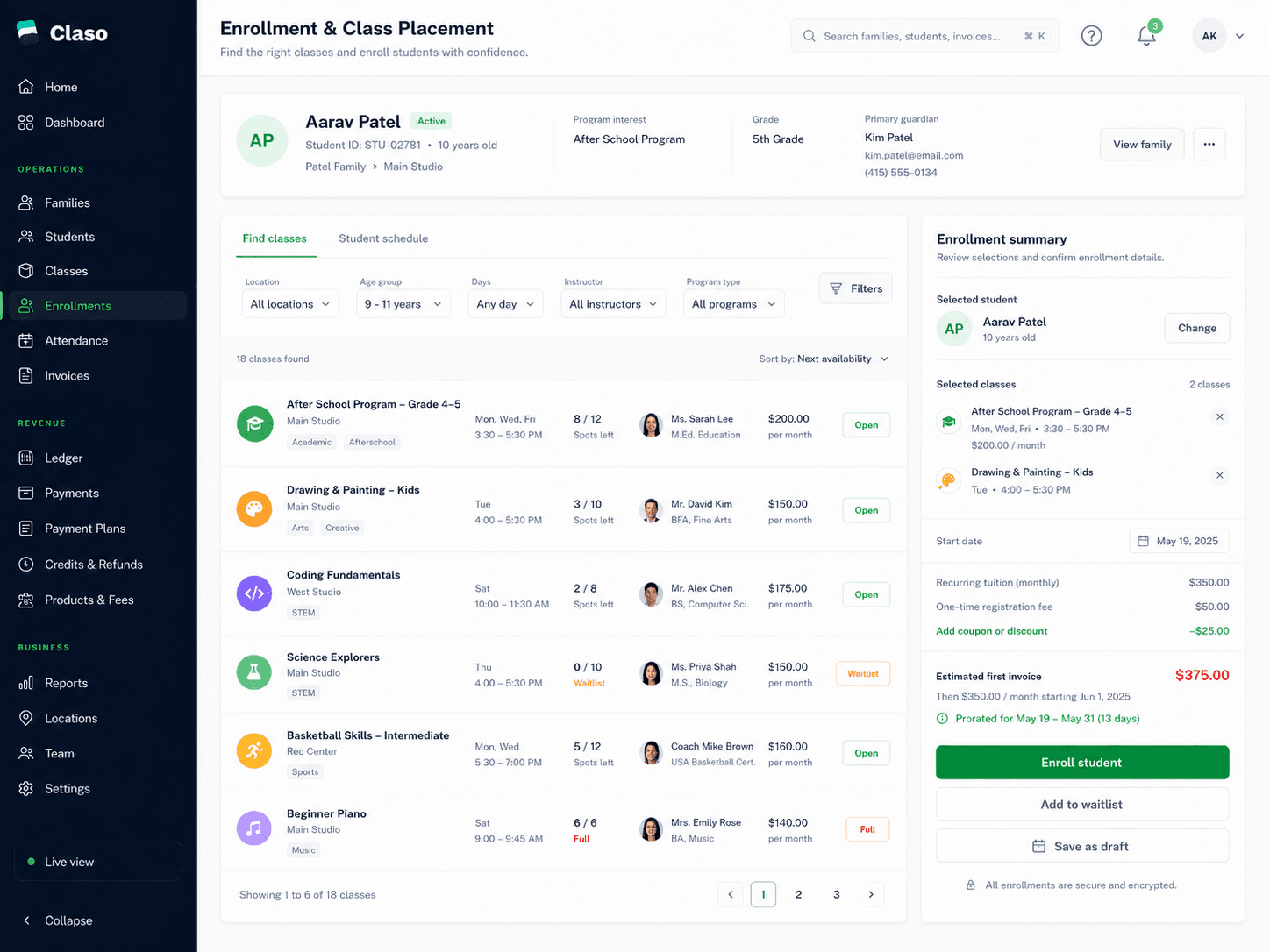 Claso enrollment placement workspace for recurring classes, events, camps, and lessons