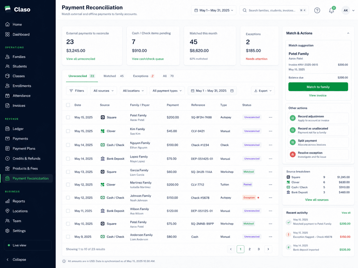Claso payment reconciliation workspace for external terminal, cash, and check payments
