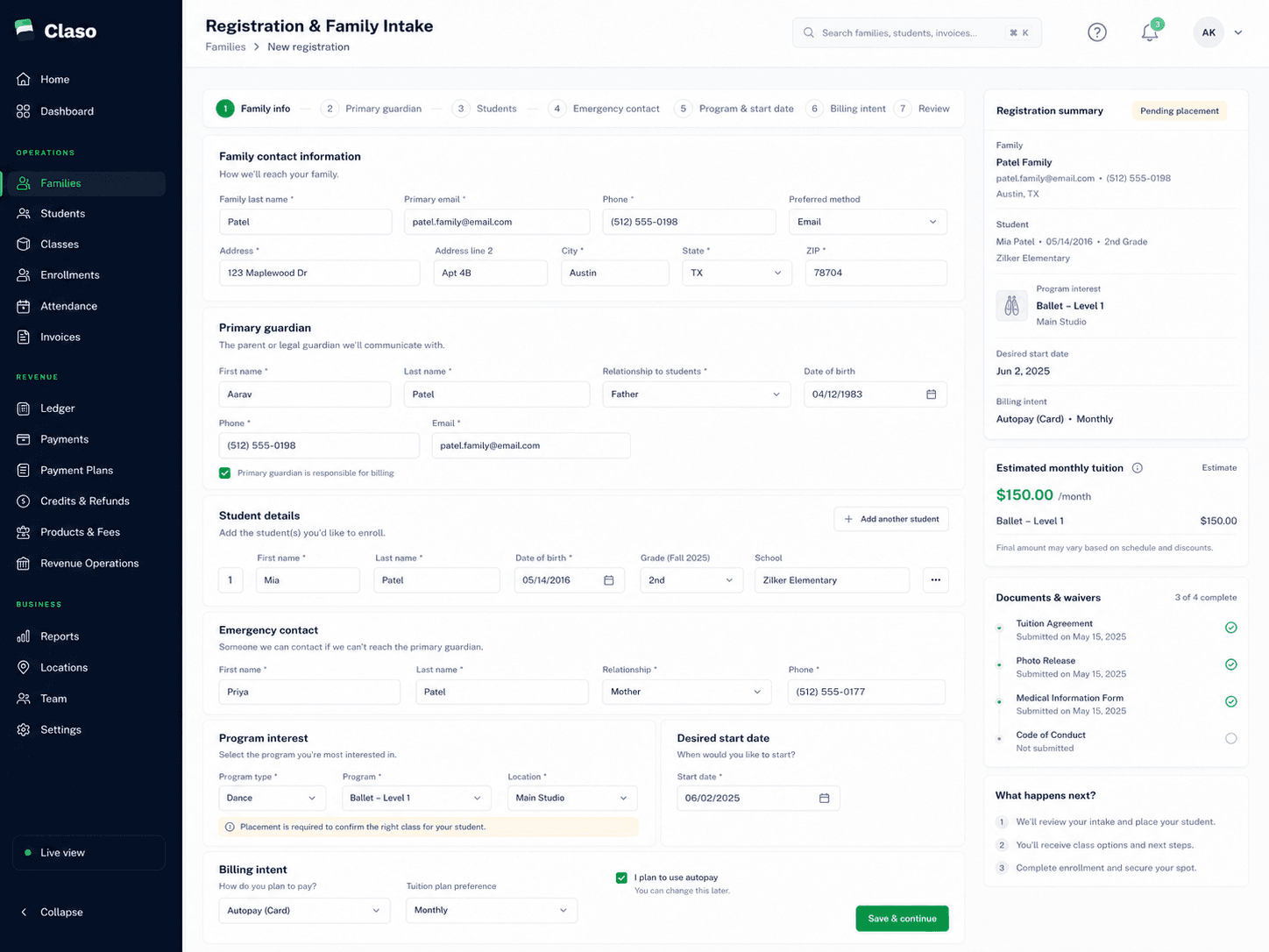 Claso registration and family intake workspace