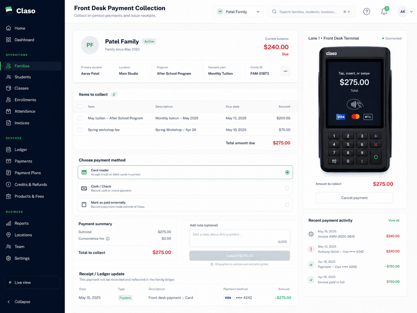 Claso front desk payment collection interface for a family balance