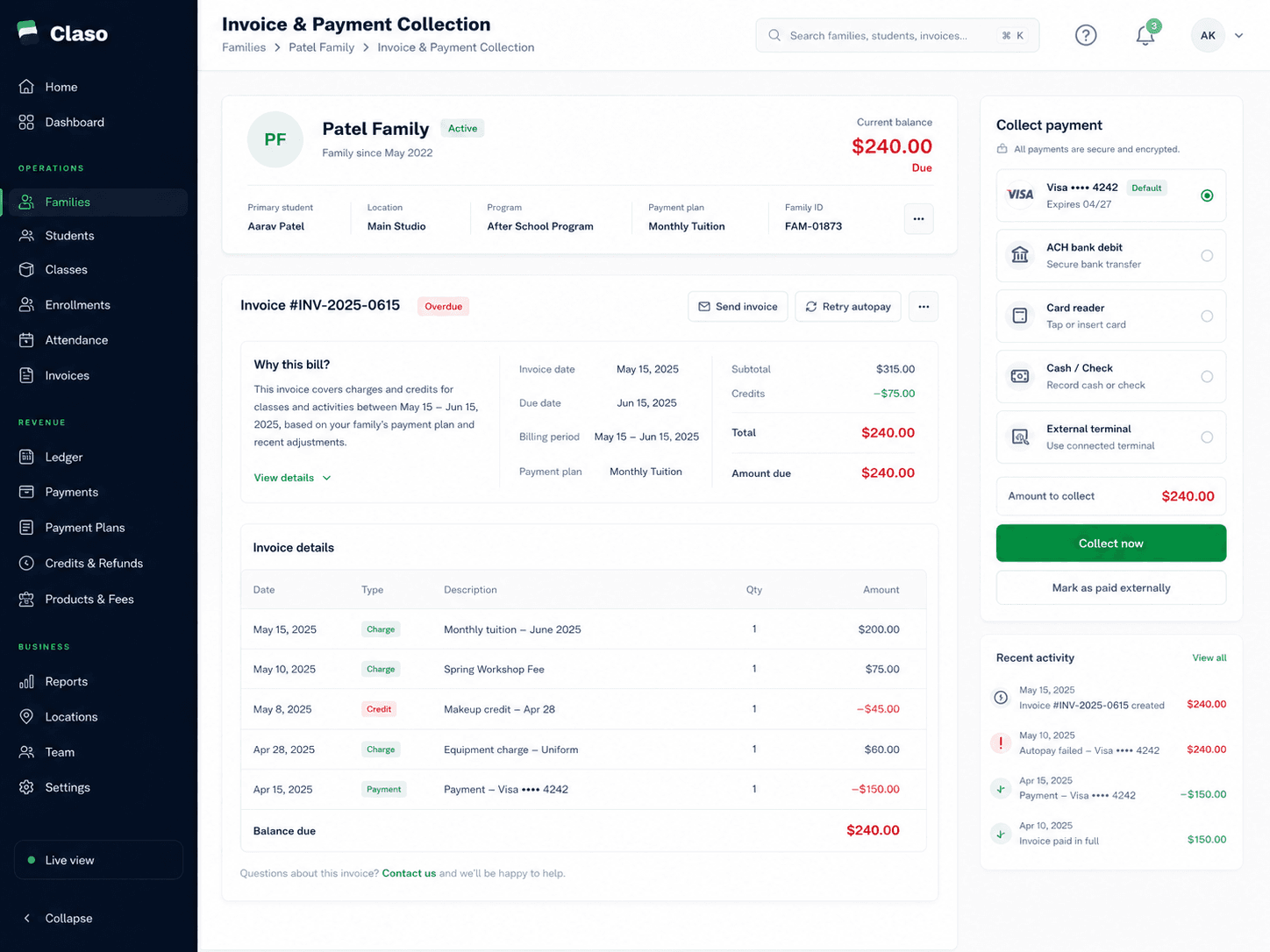 Claso invoice and payment collection screen with detailed line items and payment options