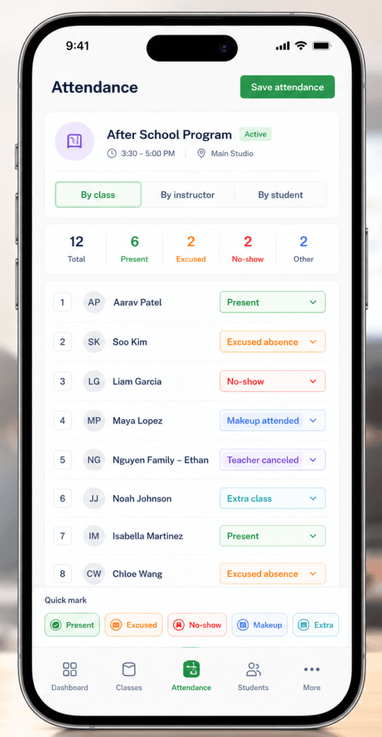 Claso mobile attendance view on a phone