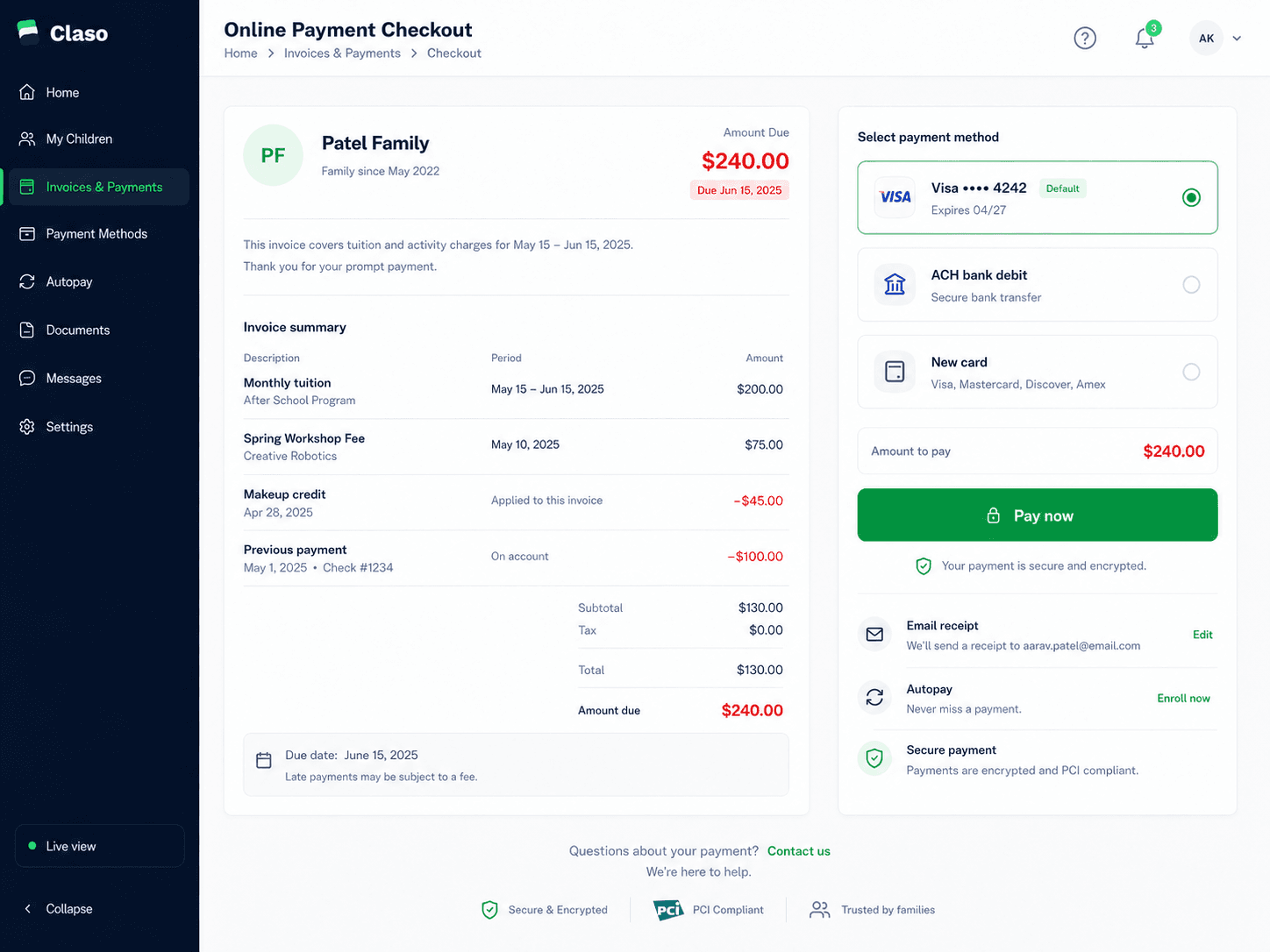 Claso online checkout workspace for invoices, registration fees, camps, workshops, and equipment