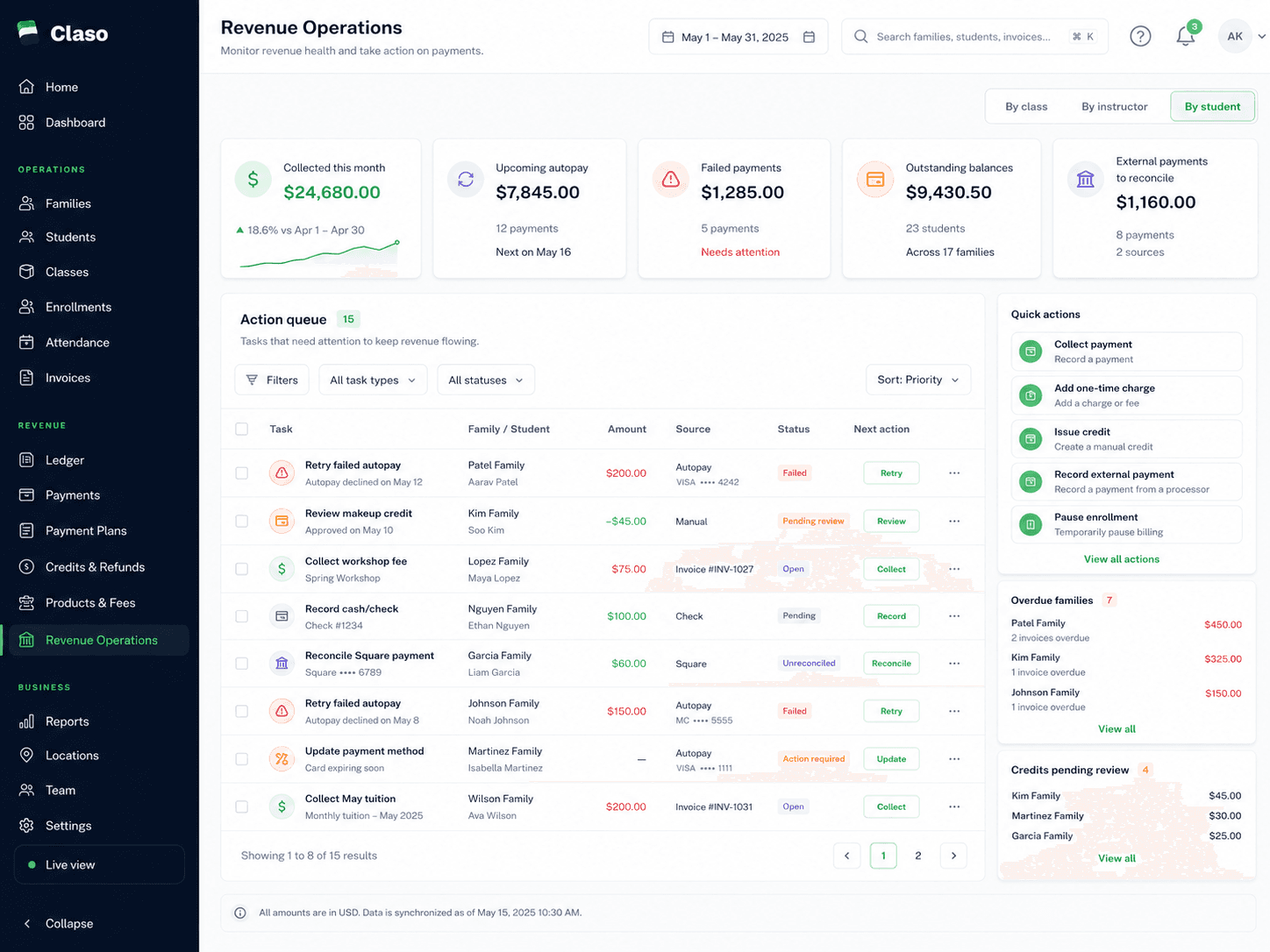 Claso revenue operations workspace with action queues, balances, failed payments, and reconciliation work